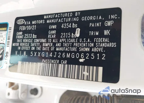 2021 Kia K5 Lxs из США, поврежденный, VIN 5XXG14J26MG062512